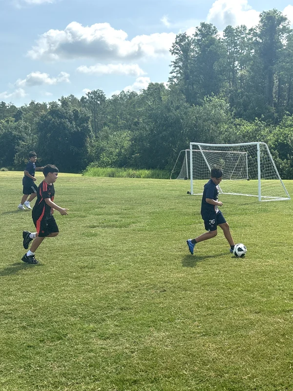 Group of children playing soccer